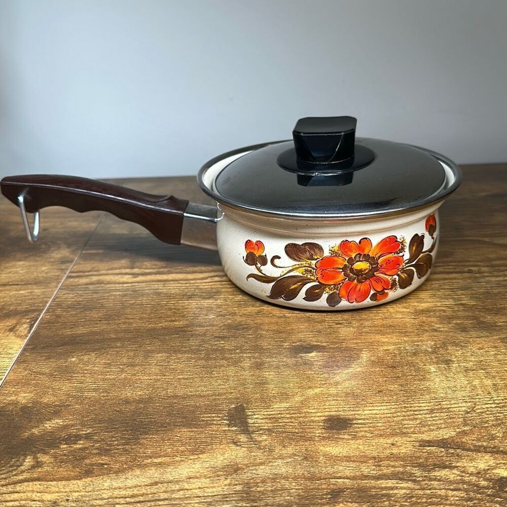 Retro Vintage 1970s Moneta‎ #14 Enamelware Pot Sauce Pan Made In Italy Floral